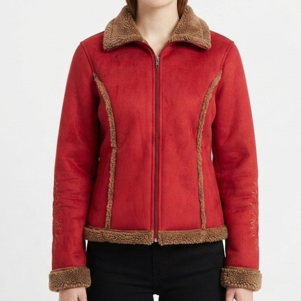 L.L. Bean Faux Suede Sherpa Jacket Womens Small Red Fleece Lined Embroidered